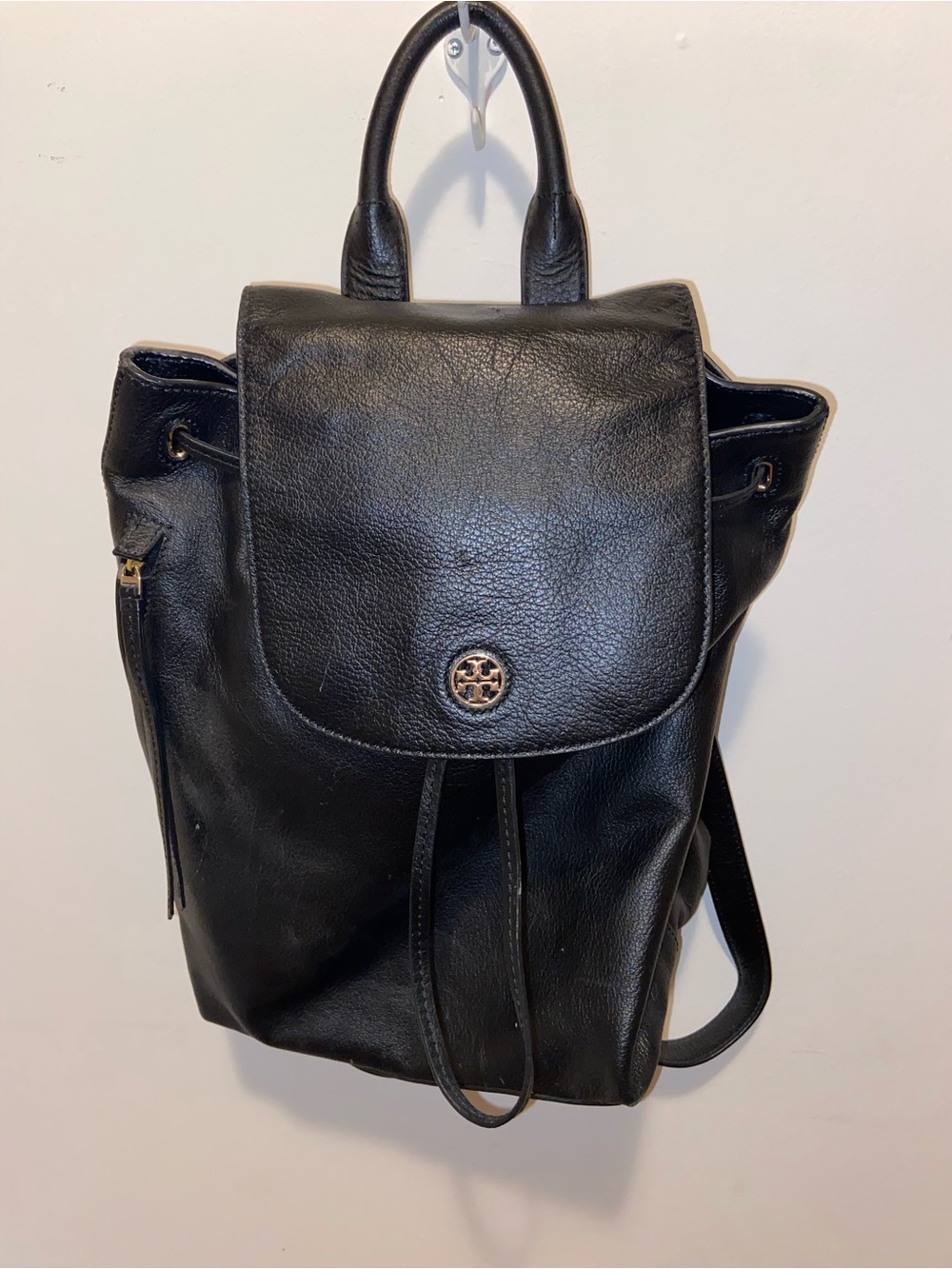 Tory Burch Black Leather Drawstring Backpack with Gold Logo